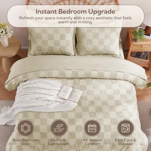 Image of MR&HM Queen Comforter Set 7 Pieces, Checkered Boho Tufted Bed Set Linen | Farmhouse Vintage Bed with Plaid Geometric Design, All-Season Bed in A Bag Comforter with Sheets, Pillow Shams & Pillowcases