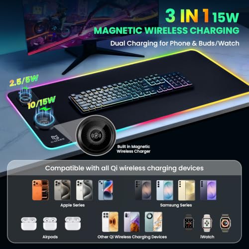 Image of Gimars Upgrade 3 in 1 RGB Mouse Pad with 15W Magnetic Fast Wireless Charging, 31.5x11.8x0.16in Gaming Mousepad, 15 Color Modes, Waterproof Non-Slip XXL Desk Mat with Smooth Surface for Home Office PC