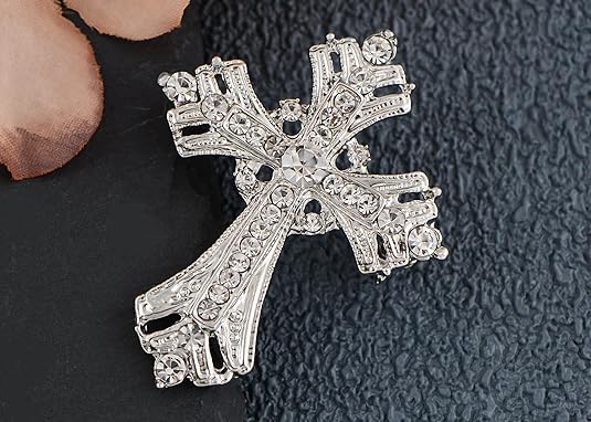 Image of Cross brooches and pins for women Sparkling Aquamarine Clear Crystal Rhinestones Holy Cross Christian Religious Jewelry