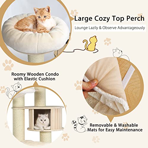 Image of Tangkula Large Cat Tree, Multi-Level Tall Cat Tower with Sisal Scratching Posts, Hammocks, Hanging Basket, Cat Condo and Removable Washable Cushions, Modern Wood Cat Tree for Indoor Cats Large Adult