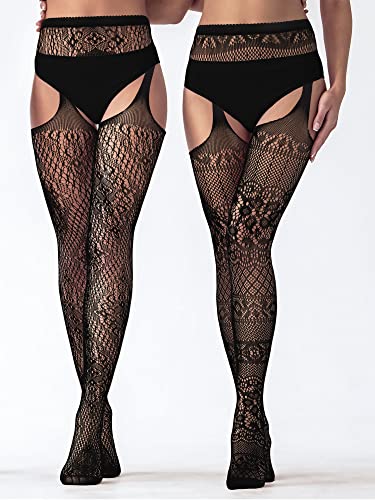 Image of Skylety 6 Pairs Fishnet Stockings for Women | Plus Size Stretchy Thigh-high Tights, Suspender Pantyhose, Garter Belts,Black