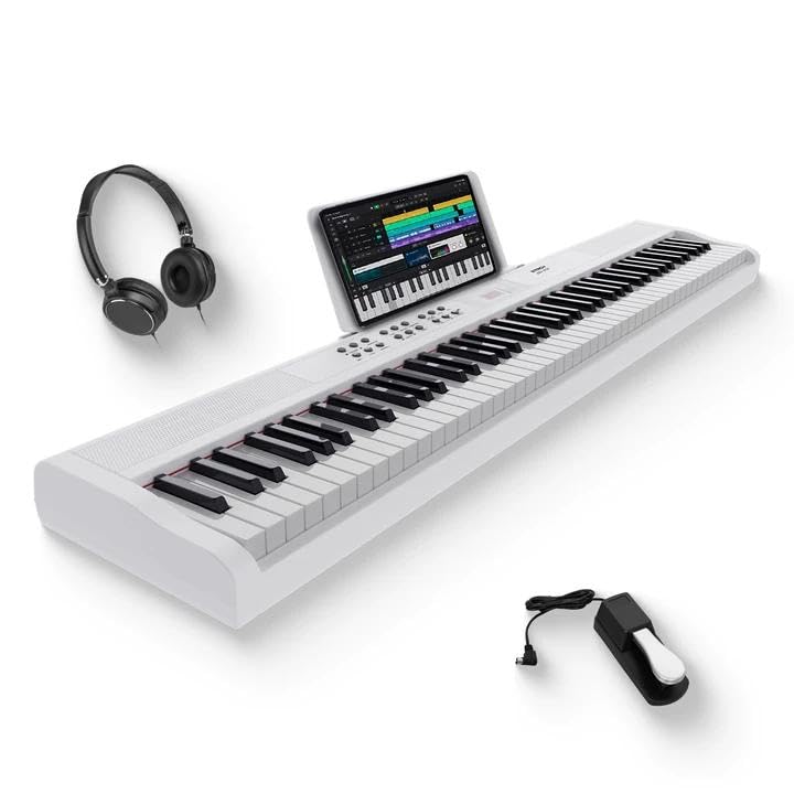 STRICH 88 Key Digital Piano Full Size Electric Keyboard with Semi-Weighted Sensitive Keys, Portable Electric Piano Set, Bundle with Sustain Pedal, Headphones, Music Rest, White, SEP-150S