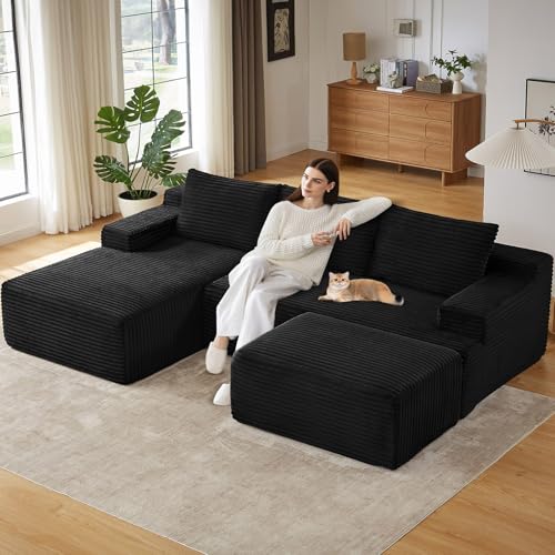 Image of 96.1 inch Modular Sectional Sofa with Ottoman, Modern Corduroy Cloud Couch, Boneless Couch Upholstered 3-Seater U-Shaped Sofa for Living Room, No Assembly (Black, Left-Facing Chaise)