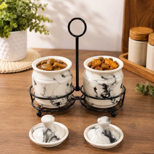 Image of Niyara Multipurpose Storage Ceramic Pickle set Jars & with Lid & tray (Set of 2, 300 ML) (MARBLE WHITE)