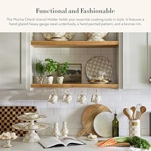 MACKENZIE-CHILDS Enamel Utensil Holder, Kitchen Utensil Holder for Countertop, Brown-and-White Mocha Check MACKENZIE CHILDS Enamel Utensil Holder Kitchen Utensil Holder for Countertop Brown and White Mocha Check