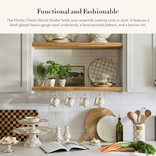 MACKENZIE-CHILDS-Enamel-Utensil-Holder-Kitchen-Utensil-Holder-for-Countertop-Brown-and-White-Mocha-Check MACKENZIE CHILDS Enamel Utensil Holder Kitchen Utensil Holder for Countertop Brown and White Mocha Check