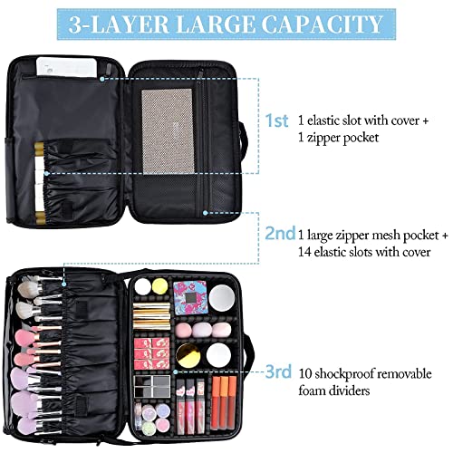 Jourmon Makeup Case 3 Layers Travel Makeup Train Case Crocodile Makeup Bag Organizer Portable Artist Storage Bag With Adjustable Dividers And Shoulder Strap（Black, M） #TOP2