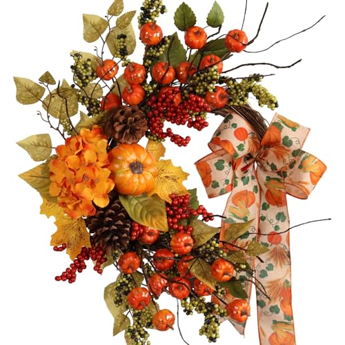 22IN Artifical Fall Mini Pumpkins Berries Wreath for Front Door for Autumn Thanksgiving Harvest Farmhouse Home Outdoor Indoor Window Wall