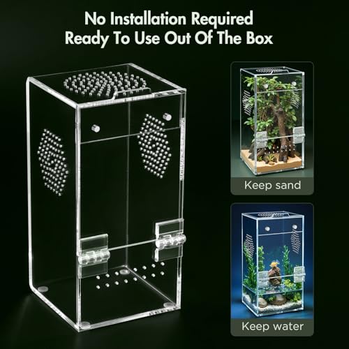 Image of Pre-Assembled Jumping Spider Enclosure, Acrylic Terrarium with Magnetic Door & All-Side Ventilation, Habitat for Spiderling, Mantis, Tarantula, Snail, 3.5 inchx3.5 inchx7 inch (Tweezer & Temp Sticker Included)