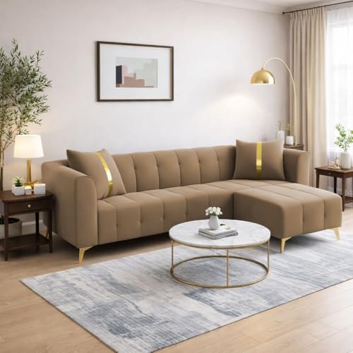 Image of Adorn India Premium Mystic - 3 Years Warranty - L Shape 4 Seater Sofa Set Velvet Suede Fabric - Beige