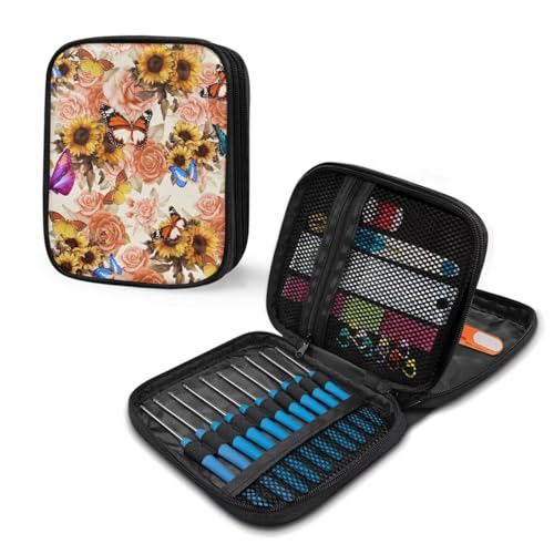 Image of Crochet Hook Case Sunflower Print Crochet Hook Holder Portable Crochet Hook Storage Bag with Web Pockets Suitable for Crochet Needles /Knitting Accessories