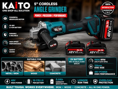 Image of KAITO 5 Inch Cordless Angle Grinder | Brushless Motor | 4 Variable Speed Control | 125MM Disc | 9500 RPM | 2 x 48V LI-ION Battery with Fast Charger | Cutting & Grinding Tool | for Home & Professional