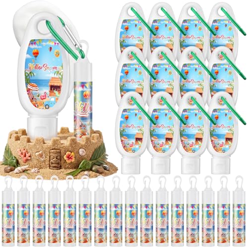 Demissle 12 Sets Hello Summer Travel Size Sunscreen and Sunscreen Lip Balms Spf Hello Summer Pool Wedding Party Favors Sunblock Packets with Carabiner Gifts for Outdoor Beach Pool Hawaiian Party Favor
