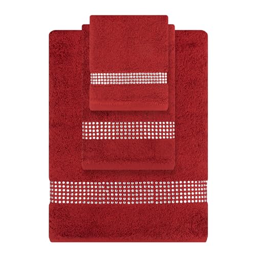 Sparkles Home Stripe 3 Piece Towel Set, Durable, Glass Rhinestones, 100% Turkish Cotton, for Sophisticated Bathroom Decor, Red, One Bath, One Hand, One Tip Towel