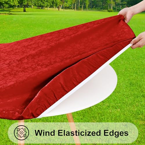 Image of Smiry Waterproof Heavy Duty Vinyl Fitted Tablecloth for 45 inch-56 inch Round Table | Elastic Plastic Table Cloth, Wipeable Washable Floral Patio Table Cover for Picnic, Kitchen and Dining, Red