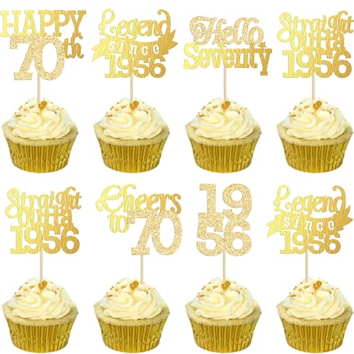 Gyufise 24Pcs Happy 70th Birthday Cupcake Toppers Hello Seventy Legend Since 1956 Cupcake Picks Cheers to 70 Years Cake Decorations for 70th Birthday Anniversary Party Supplies Gold