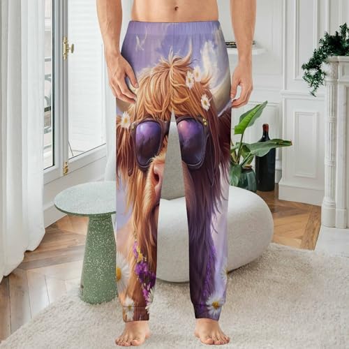 Highland Cow Daisy Flower Men's Pajamas Pants Lightweight Sleep Lounge Pant Pjs Bottoms Casual Sleepwear2