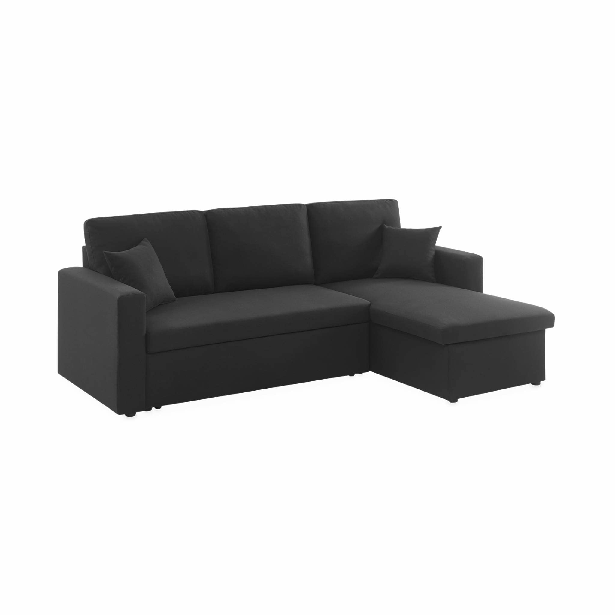 Sweeek - Canapé d'angle Convertible en Tissu Noir - IDA - 3 Places. Fauteuil d'angle réversible Coffre Rangement lit modulable