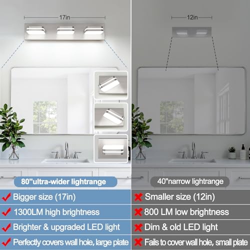 Image of Torondo 360 Rotate LED Bathroom Vanity Light Fixtures, Acrylic Vanity Lights for Bathroom, Modern Wall Lighting Fixtures Over Mirror Living, Brushed Nickel, Natural White, 3-Light, 17-Inch