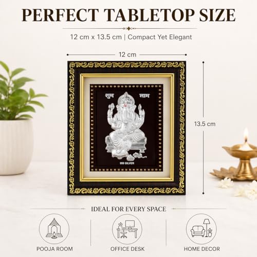 Image of Hem Jewels 999 Pure Silver Ganesh Photo Frame for Home & Office | God Frame for Pooja Room & Wall Decor | Premium Pure Silver Gifting Item for Wedding, Housewarming, Office, Wedding & Festival Gifts | Square Tabletop | W=12cm & H=13.5 cm | Certificate Included