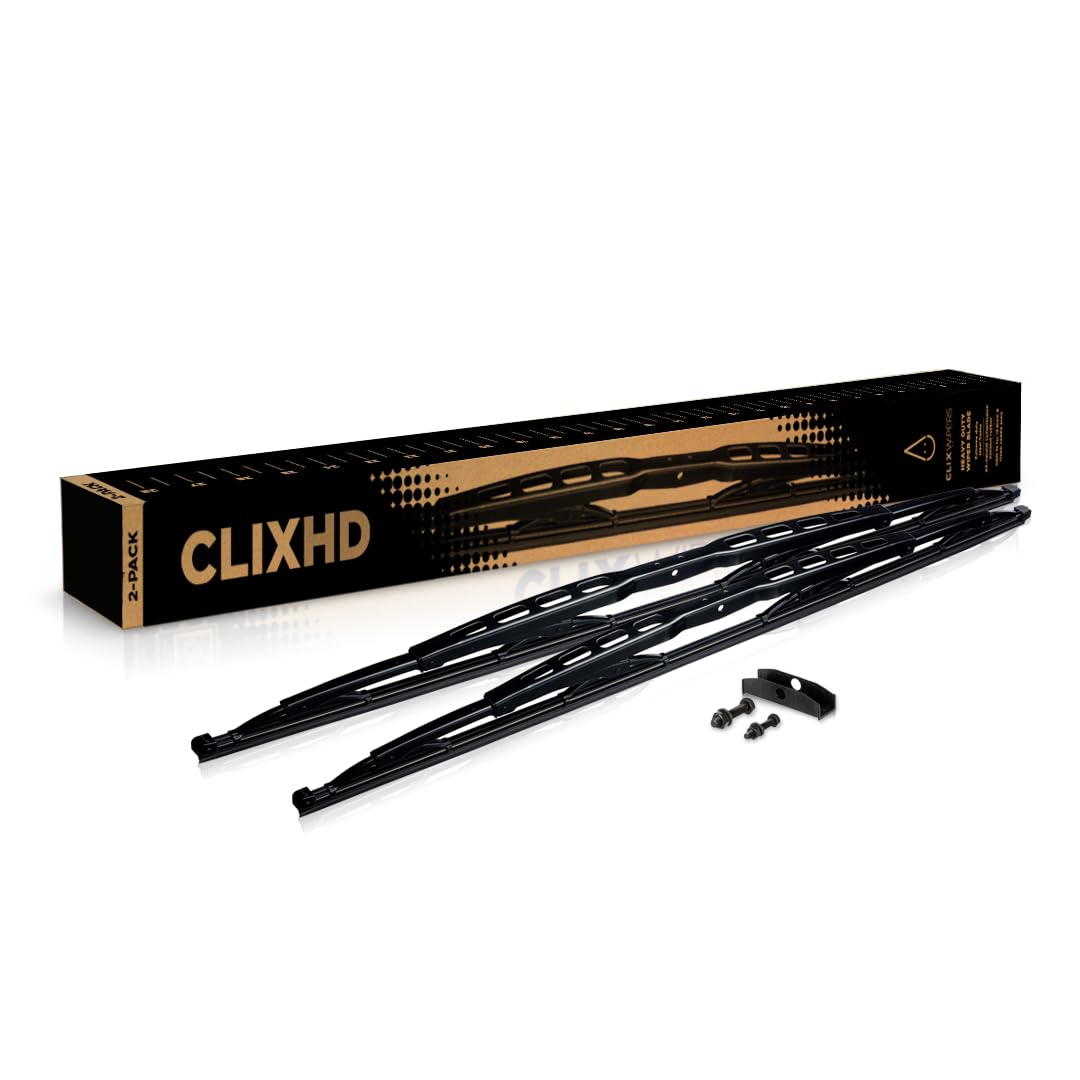 clixwipers heavy duty 2-pack 32" + 32" replacement windshield wiper blade for truck, bus, rv, and equipment - fits 7/8" -1" wide saddle wiper arms (set of 2)