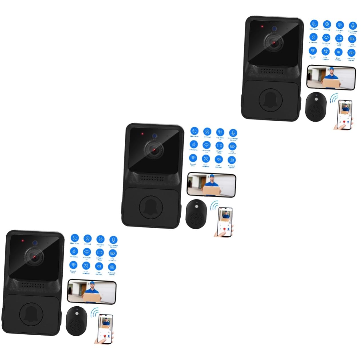 Mikikit 3pezzi Campanello Wifi Con Video e Audio Bidirezionale Videocitofono Notturno Smart Per Casa Ufficio e Dormitorio Nero