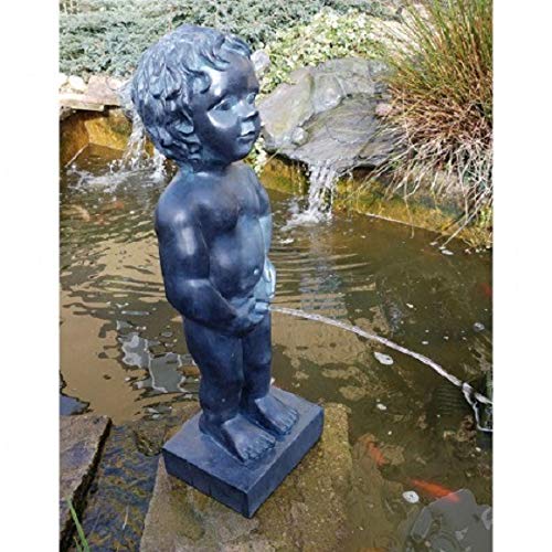 Classic Belgian Boy Pond Spitter Manneken Pis Statue Black Color, Polyresin Waterscape Sculpture, Suitable for Water Garden Koi Fish Ponds, Gardens, Patios, Fountain Centers or Pool Decorations