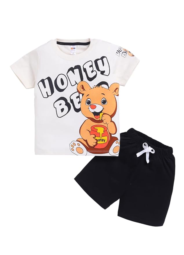 LITTLE NINJA Cotton Half Sleeves Bear Printed Tee & Shorts Set - Multi Colour