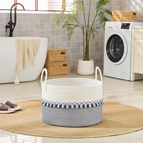 Image of KAKAMAY Cotton Rope Storage Basket (20 inchx13 inch),Woven Hamper for Blankets,Toys,Pillows,Clothes,Laundry,Sturdy Handles Decorative Basket for Living Room, Bedroom,Nursery(Blue Printing)