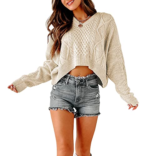 Tankaneo Women's V Neck Cropped Sweater Long Sleeve Crop Top Cable Knit Oversized Pullover Sweater3