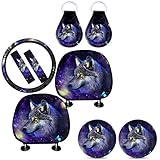 chaqlin Galaxy Wolf Car Interior Decorative Accessories 9 Piece/Set, Headrest Cover + Steering Wheel Cover + Seat Belt Pads+Cup Holder Coaster+Keyring Soft Fabric Dustproof Washable Universal Fit
