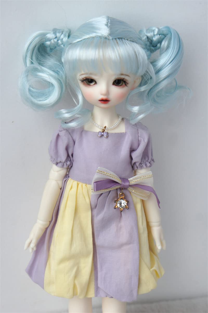 JD690 1/6 YOSD 6-7inch Double Nature Curls Ponytail Full Bangs Synthetic Mohair Doll Wigs (Blend Blue)