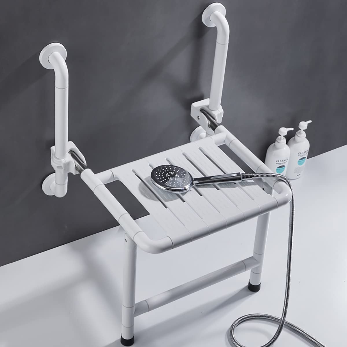 Asiento de Ducha Plegable montado en la Pared con Barra de Agarre, Patas de Asiento de Pared, reposabrazos de Seguridad Antideslizante para Inodoro, Taburete de baño para Ancianos,