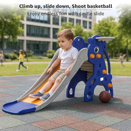 Image of Amazon Brand - Solimo Modern Unicorn Slide-Junior for 2-5 Year Kids| Indoor Outdoor SlideIwith Basketball RingIEasy to CleanIRounded EdgesIEasy AssemblyISmall 42 X 62 X 75cmIBlue&Orange