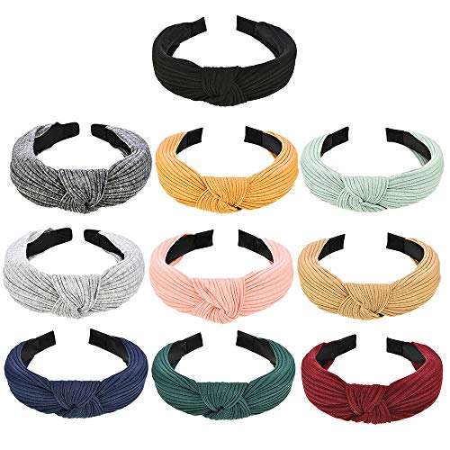 10 Pieces Wide Plain Headbands Knot Turban Headband Fashion Elastic Hairband for Women and Girls, 10 Colors