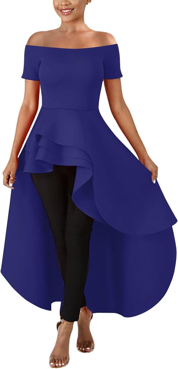 Lrady Womens Off Shoulder Tops High Low Short Sleeve Ruffle Peplum Tunic Party Blouse Casual Shirt Dress - Image 5