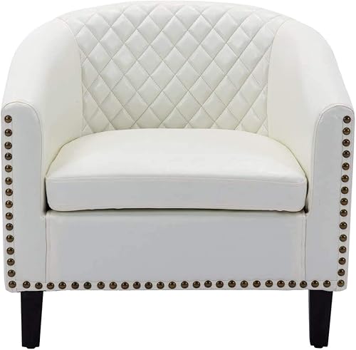 Miniatura 39 de Goujxcy Sillón de barril estilo club para sala de estar, acogedora y moderna silla de microfibra con cabeza de clavos y patas de madera maciza para