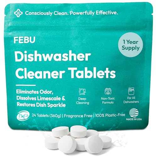 FEBU Dishwasher Cleaner Tablets Made in USA | Natural Dishwasher Cleaner and Deodorizer | Eliminates Grease & Grime | 8 Natural, Biodegradable, Plant-Based Ingredients | 24 Tablets - 12 Month Supply