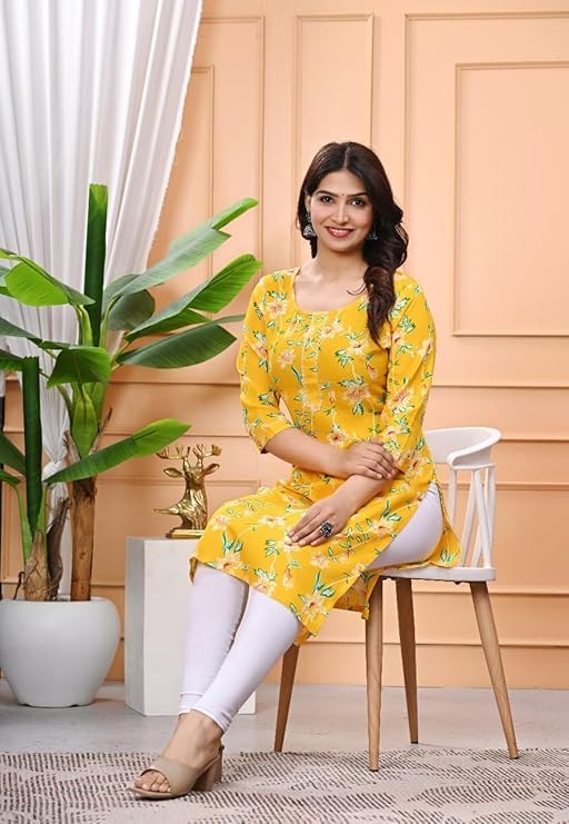 Image of Women's Rayon Straight Kurta || Flower Print Kurta for Women (Yellow)