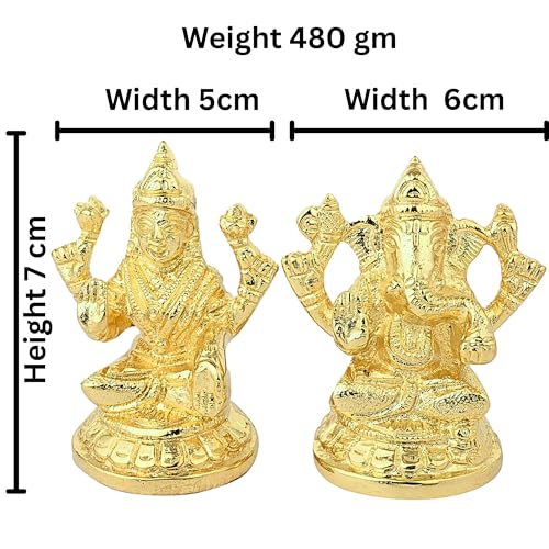 Image of 24K Gold Plated Brass Laxmi Ganesh Idol, Murti for Mandir & Decor Diwali Gift, God Statue for Home Temple Pooja, Office Car Dashboard, Wedding Anniversary & Corporate Gift, Housewarming- 3 inch, 480gm