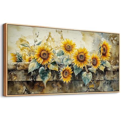 ERQINHUA Large Wall Decor Canvas Painting Wall Art For Living Room Decor Vintage Yellow Sunflower Painting Wood Frame DecorPrint Artwork For Dining Room Bedroom Bathroom Kitchen Home Decor 24x48 In