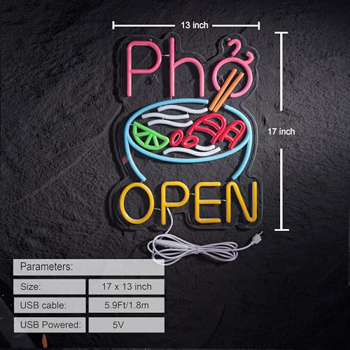 Image of Vietnamese Pho Open Neon Sign Dimmable USB Powered LED Ramen Bowl Open Signs for Restaurant Business Food Truck Kitchen Wall Decor Light