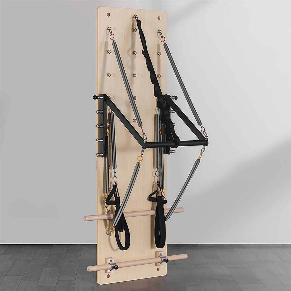 Piattaforma Reformer Pilates in Legno, con Braccialetti, Molle Ajustabili e Barre in Legno, Macchina Pilates Professionale Compatta per la Fitness a Casa