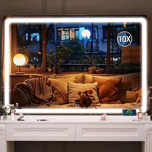 Hasipu バニティミラー ライト付き 120 x 75cm LED メイクアップミラー、調光可能な3つのモードを備えた照明付きメイクアップミラー、タッチスクリーンコントロールバニティミラー ラウンドホワイト