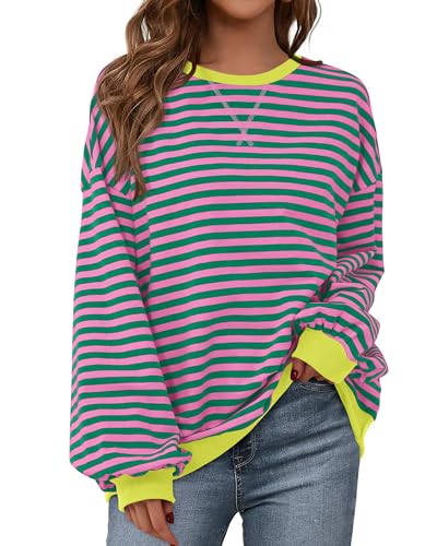 BTFBM Women's Striped Pullover Tops 2024 Fall Clothes Long Lantern Sleeve Soft Loose Crew Neck Y2K Sweatshirts(Pink Green, Large)