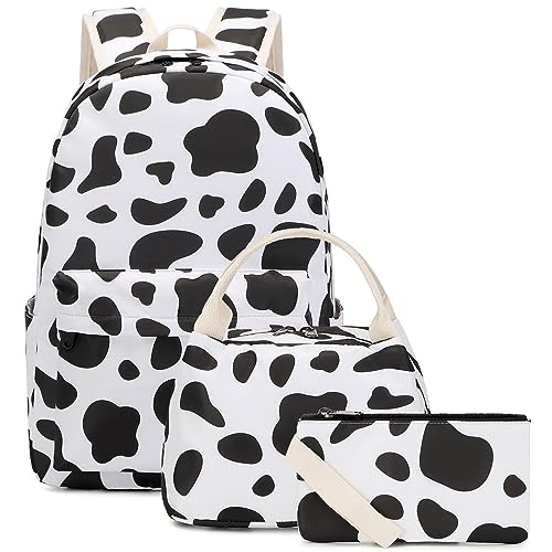 Sugaroom Cow Print School Backpack for Girls Backpack with Lunch Box Teen Kids Backpack School Bags Middle Preschool Primary Elementary Bookbags Set
