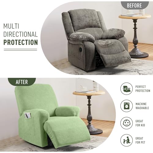 Image of KinCam Recliner Covers, Stretch Reclining Chair Covers, Recliner Sofa Slipcovers Stripe Jacquard Recliner Couch Covers Furniture Protector Covers for Pet Kid (1 Seater, Light Green)