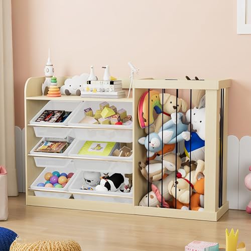 Image of Naches Kids Toy Organizer and 4-Tier Montessori Bookshelf with 6 Bins, 3-in-1 Toy Shelves and Stuffed Animal Storage for Playroom, Nursery, Baby Room (Burlywood)