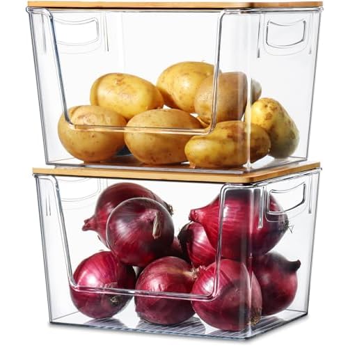 Pantry Organizers Storage, 2 Pack Stackable Kitchen Counter Bins for Onion Potato Garlic, Fruit Vegetable Produce Storage Space-Saving Countertop Organizer (12″ x 7″ x7″)