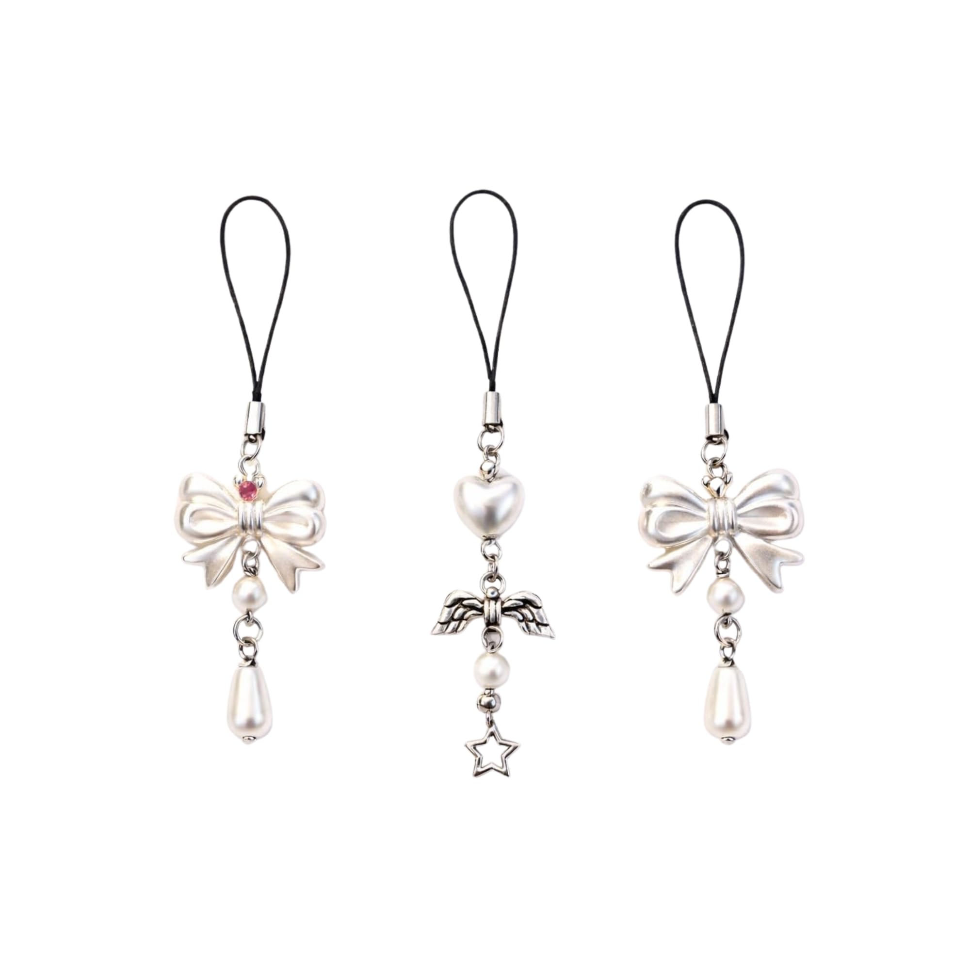 Pack of 3 Elegant Pearl Bow Heart Phone Charm Set with Star Wing | Adds a stylish decorative touch to phones, tablets, cameras, keychains, bags-image-23